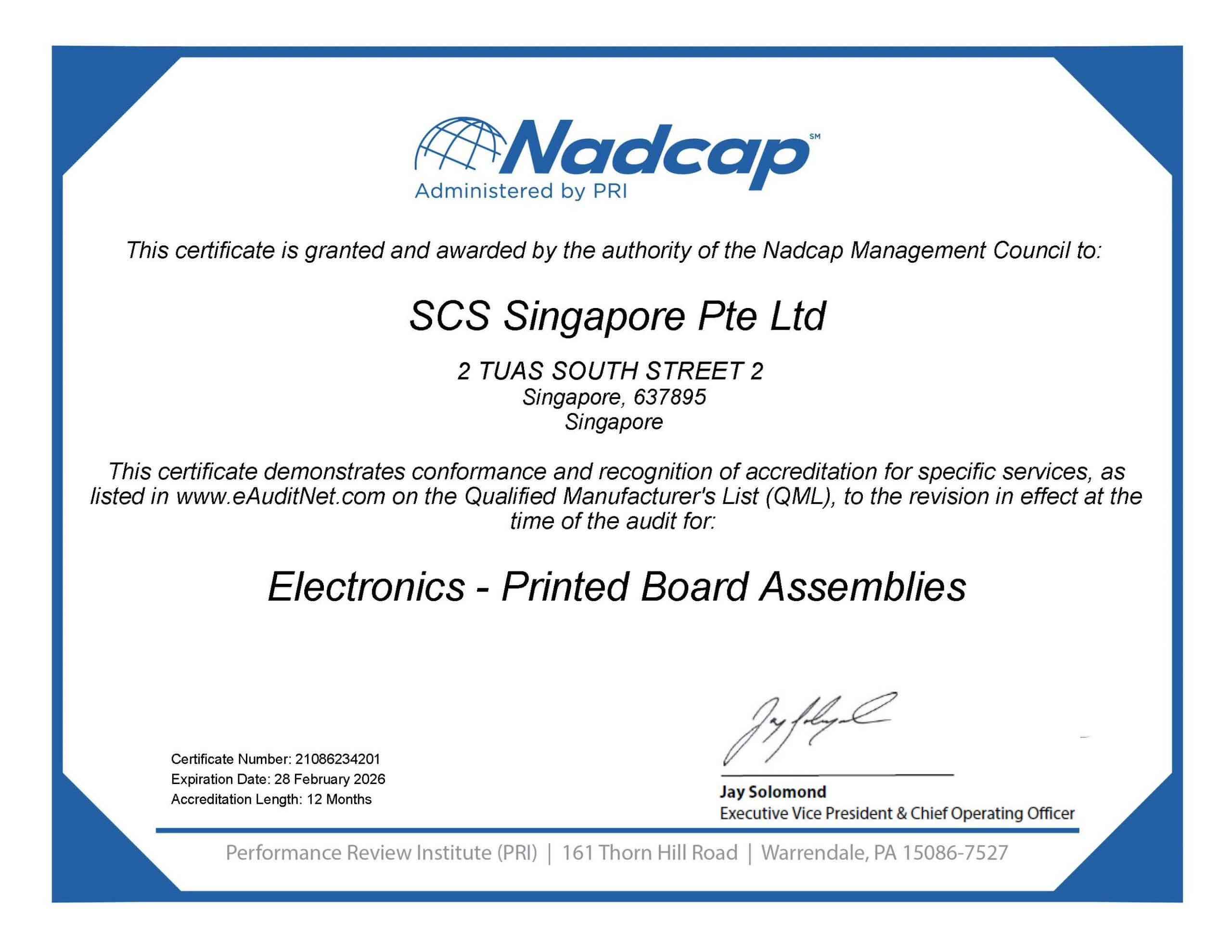 Nadcap certificate awarded to SCS Singapore Pte Ltd for Electronics - Printed Board Assemblies